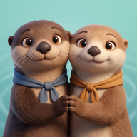 Two otters holding paws